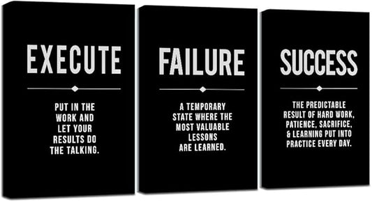 Framed Canvas Wall Art Success Quote For Office, Black Large Positive Motivational Poster, Set of 3, Execute Failure Definition, Inspirational Print (A-3pcs,12x16inchx3pcs)