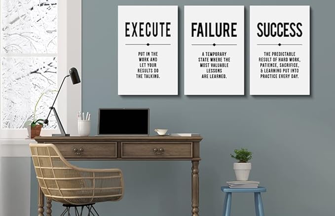 Inspirational Print - Framed Canvas Wall Art Success Quote, Office Wall Art, gift for boss, Positive Motivational Prints, Execute Failure Success Poster (D-3pcs,12x16inchx3pcs)