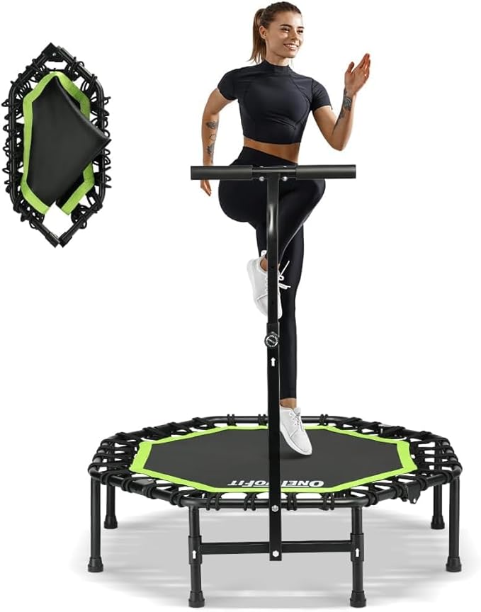 ONETWOFIT Foldable Rebounder Trampoline for Adults, 40/42/45” Mini Fitness Trampoline W/Adjustable Foam Handle Bungees, Quiet Exercise Trampoline for Personal Indoor Workout