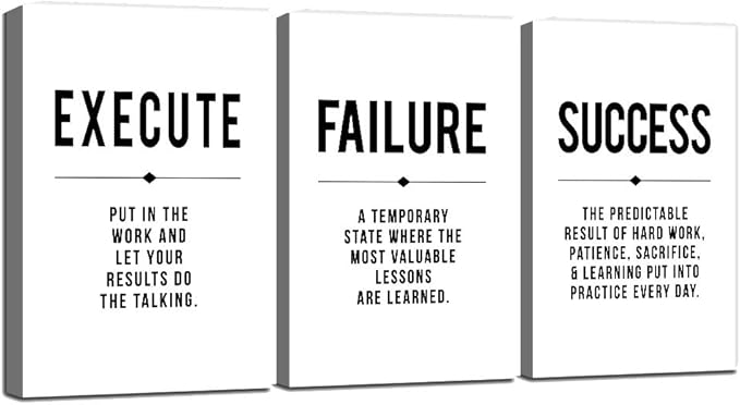Inspirational Print - Framed Canvas Wall Art Success Quote, Office Wall Art, gift for boss, Positive Motivational Prints, Execute Failure Success Poster (D-3pcs,12x16inchx3pcs)