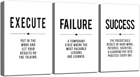 Inspirational Print - Framed Canvas Wall Art Success Quote, Office Wall Art, gift for boss, Positive Motivational Prints, Execute Failure Success Poster (D-3pcs,12x16inchx3pcs)