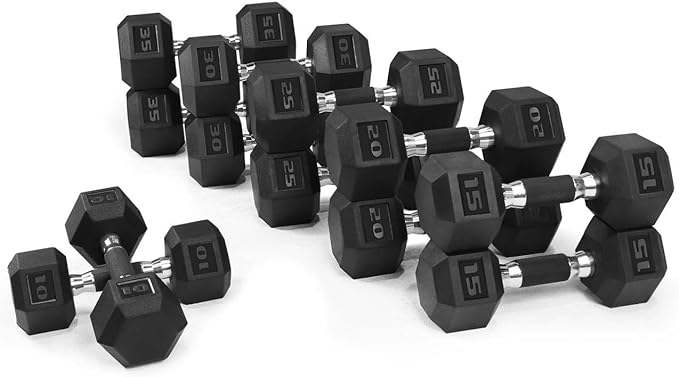 WF Athletic Supply Rubber Encased Hex Dumbbells with Rubber Grip Contoured Handle for Muscle Toning, Strength Building & Full Body Workout