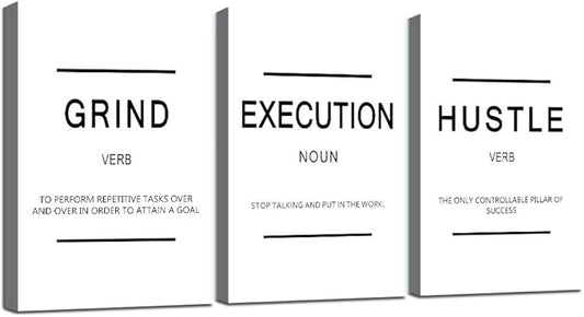Framed Canvas Wall Art Success Quote, Office Wall Art, White Large Poster, Positive Motivational Set of 3 Prints, Grind Execution Hustle Poster, Inspirational Print