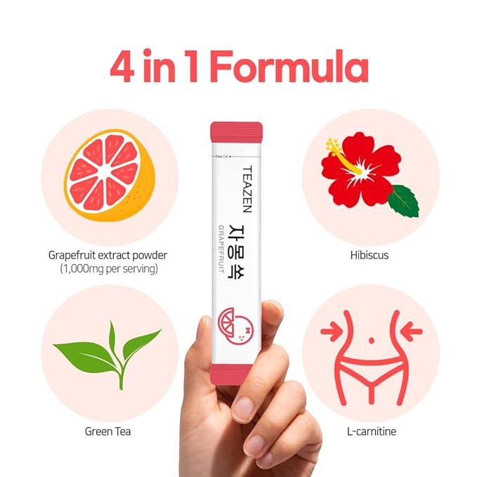 TEAZEN Grapefruit Tea, Sugar Free, Hibiscus and Green Tea, Powdered Mix Beverage from Korea, 10 Sticks, 1.76oz