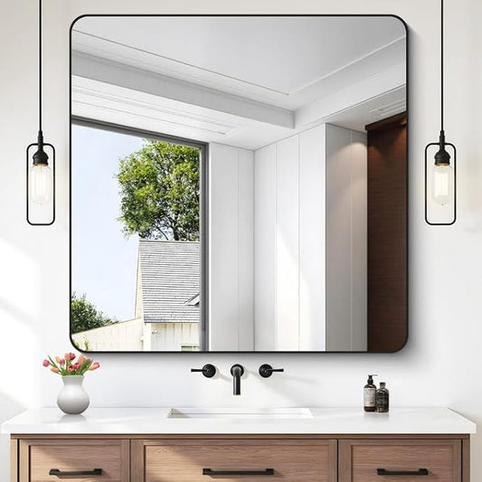 FORBATH Bathroom Mirror 42x42 Inch, Large Square Vanity Mirror with Black Aluminum Frame Rounded Corner, Wall Mounted Mirror for Bathroom Bedroom Entryway Living Room Home Decoration