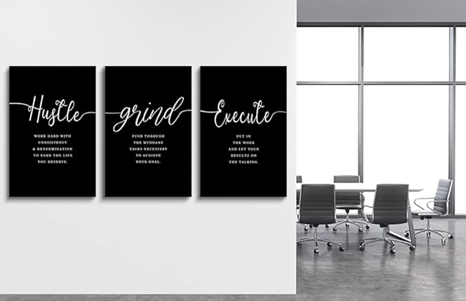 Hustle Quotes Execute Prints, Framed Canvas Wall Art Success Quote, Office Wall Art, Black Large Poster, Positive Motivational Set of 3 Prints, Boss Gift (F-3pcs,20x30inchx3pcs)