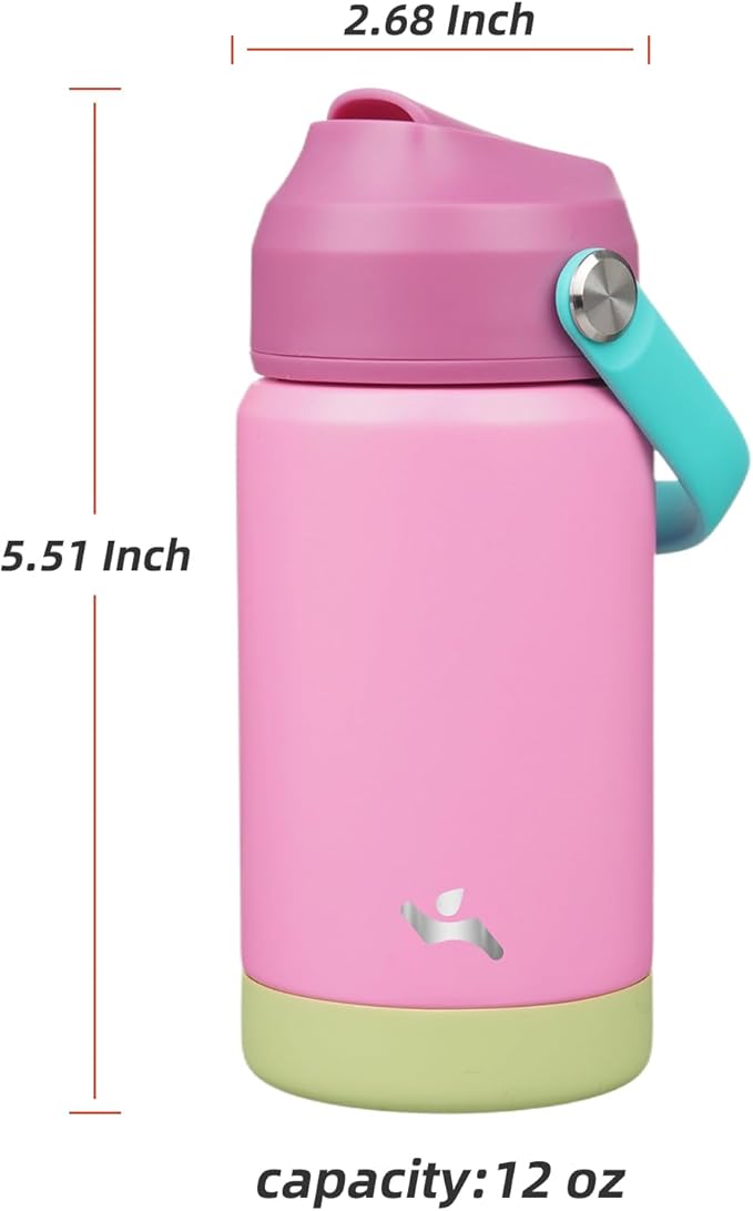 Insulated Water Bottle with Straw Lid,12 oz Stainless Steel Vacuum Metal Bottle with Silicone Handle,Rose Pink