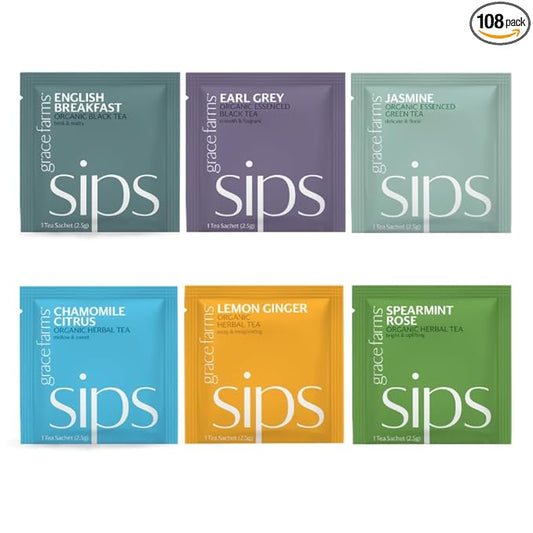 Grace Farms Tea Variety 108 Count Envelopes | Black, Green, and Herbal Individually Wrapped Tea Bags (6 flavors × 18 each) | Fair Trade, USDA Organic, Kosher Tea Variety Pack