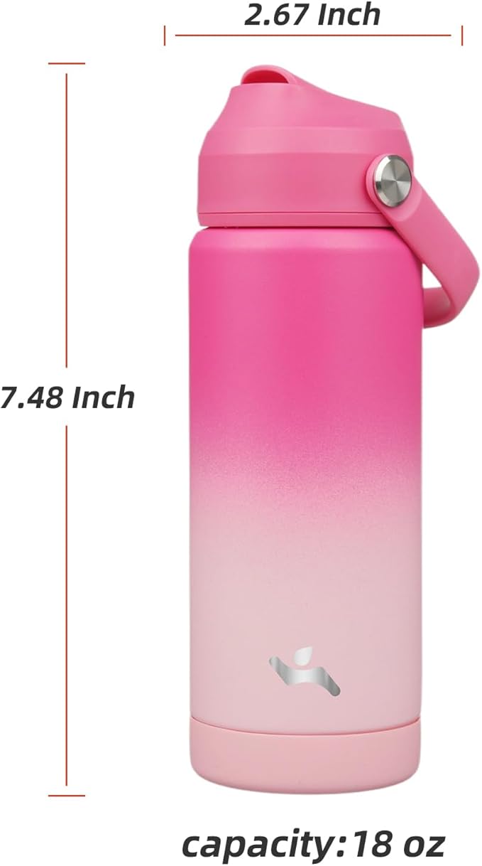 Insulated Water Bottle with Straw Lid,18 oz Stainless Steel Vacuum Metal Bottle with Silicone Handle,Cherry Blossom