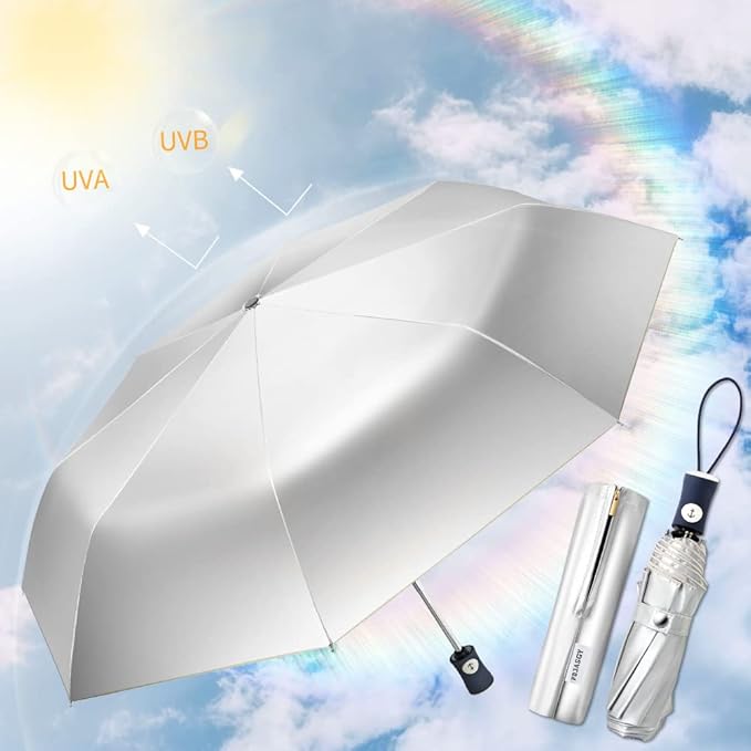 FDJASGY Silver Coating Layer Fabric Blocking UV 99.9% Sun Umbrella Compact Folding Travel Umbrella Automatic Folding Windproof Umbrellas For Men and Women (Beige)