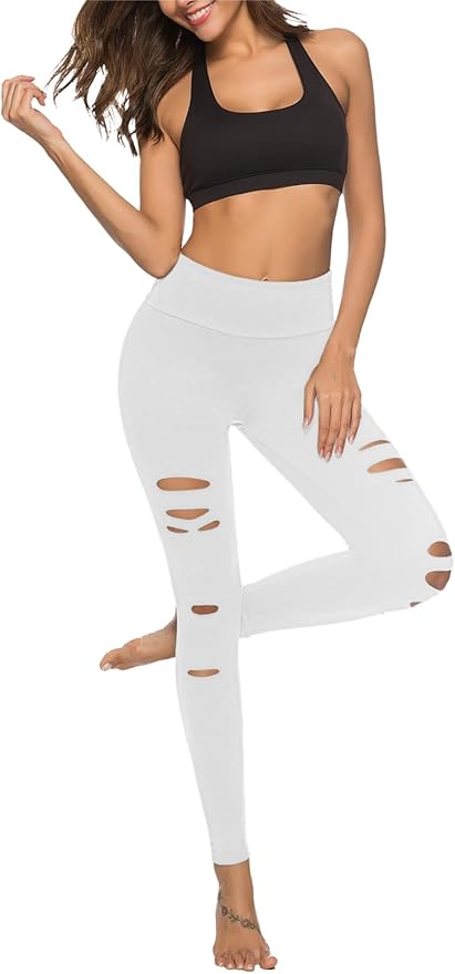 DIBAOLONG Womens High Waist Yoga Pants Cutout Ripped Tummy Control Workout Running Yoga Skinny Leggings