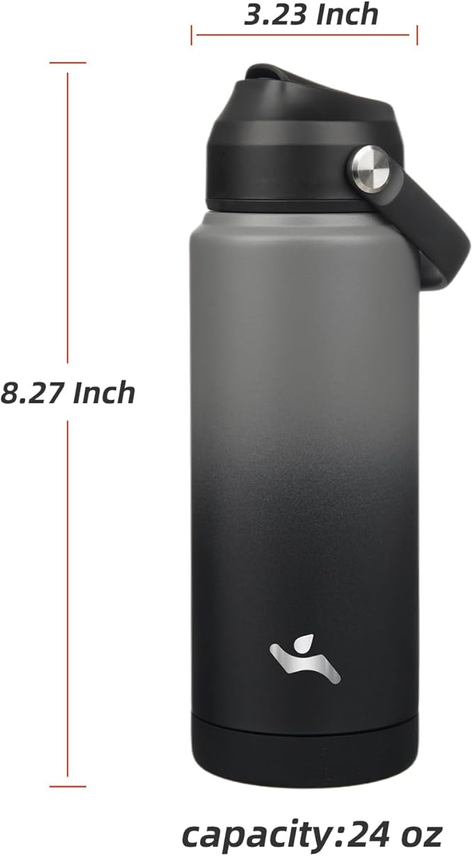 Insulated Water Bottle with Straw Lid,24 oz Stainless Steel Vacuum Metal Bottle with Silicone Handle,Gray Black