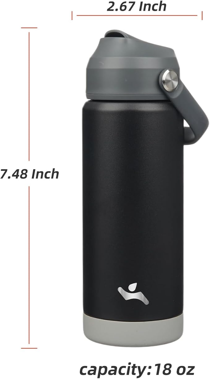Insulated Water Bottle with Straw Lid,18 oz Stainless Steel Vacuum Metal Bottle with Silicone Handle,Black