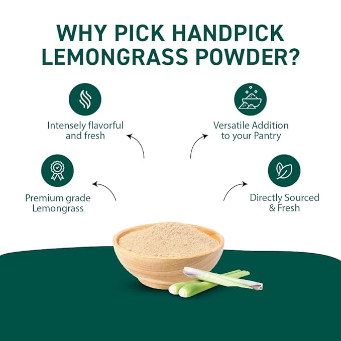 HANDPICK Lemongrass Powder (226g/8oz) Non GMO, Gluten Free, 100% Raw, Sourced from India, For Cooking, Smoothies, Tea, Packed in Resealable Ziplock Pouch