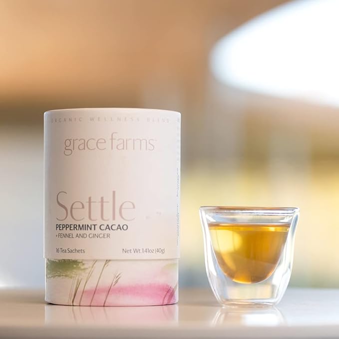 Grace Farms SETTLE Wellness Organic Tea Blend (16 Pyramid Sachets) | Peppermint Cacao | Relaxing and Digestive Support | Fairtrade and Kosher | Filled With Antioxidants and Stress-Relieving Herbs | Gives Back 100% of Profits