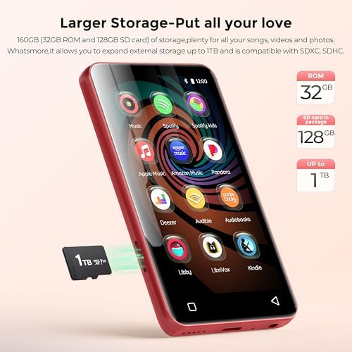 innioasis 160GB MP3 Player with Bluetooth and WiFi, Android Music Player with Spotify,Amazon Music,Pandora,4" Full Touch Screen MP3 Player with Audible,Libby,Audiobooks (Black_Red)