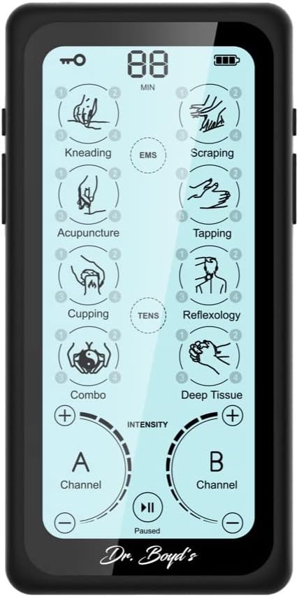 Dr. Boyd's "Advanced X" Touchscreen TENS & EMS Unit -32 Modes, 8 Settings, Large Back-Lit Touchscreen Display, Dual Channel, Re-Chargeable Battery, Automatic Timer, 5 Pairs of Pads, Storage Bag