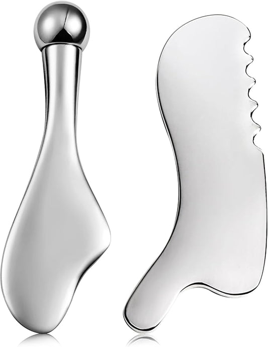 Gua Sha Facial Tools and Face Roller Set, Lymphatic Drainage Massager，Stainless Steel Facial Sculpting Eyes Roller Guasha for Face, Chin & Jawline Sculpting,Skin Care (White)