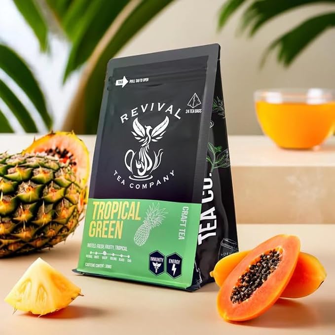 Revival Tea Company Tropical Green Tea - Green Tea Blend with Pineapple and Papaya Flavor - 24 Tea Bags
