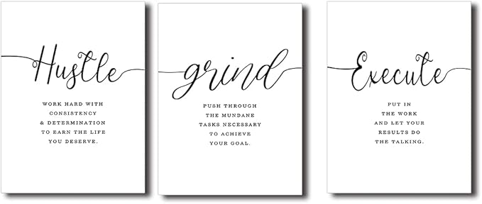 Framed Canvas Wall Art Hustle Quote, Office Wall Art, White Large Poster, Positive Motivational Set of 3 Prints, Execute Hustle Grind, Inspirational Print (H-3pcs,20x30inchx3pcs)