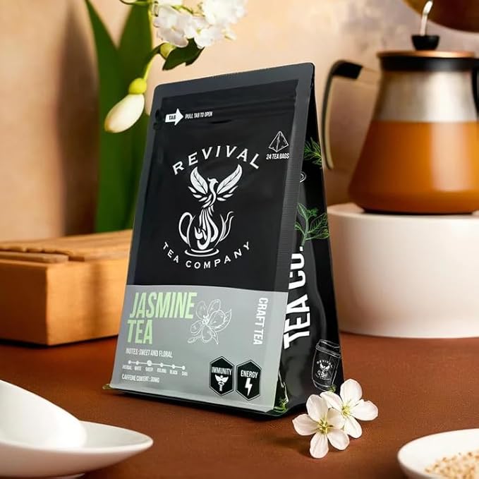 Revival Tea Company Jasmine Tea - Green Tea Blend with Jasmine Petals - 24 Tea Bags