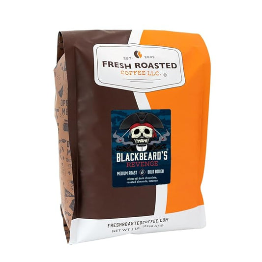 Fresh Roasted Coffee, Blackbeard's Revenge, 5 lb (80 oz), Medium Roast, Kosher, Whole Bean