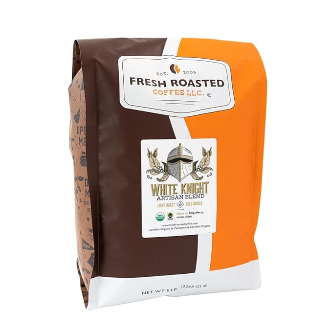 Fresh Roasted Coffee, Organic White Knight | USDA Organic, Kosher | Light Roast 5 lb (80 oz), Whole Bean