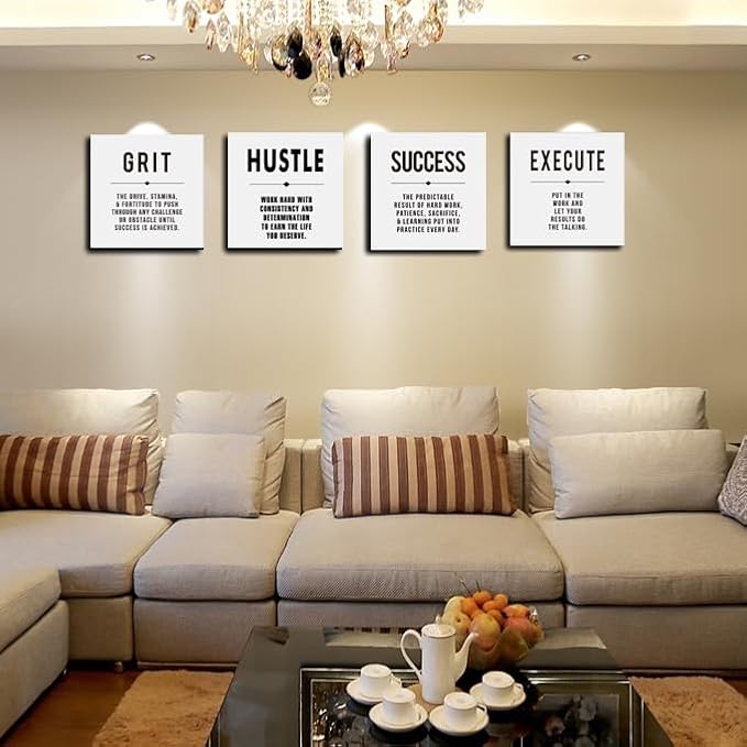 Motivational Grit Success Execute Hustle White Quotes Canvas Wall Art -Inspirational Wall Art Poster Canvas Artwork Picture Print Framed for Home Bedroom-12 x12 x4pcs
