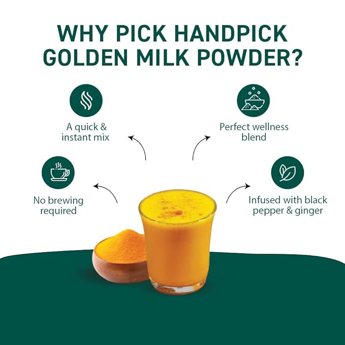 HANDPICK Golden Milk Powder with Turmeric - (7oz, 80 servings) Instant Latte Mix | Blend of Ginger, Black Pepper and Curcumin