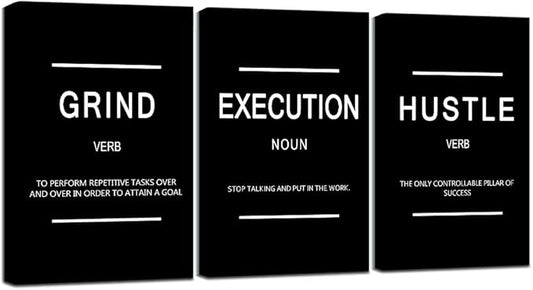 Framed Canvas Wall Art Success Quote, Office Wall Art, Black Large Poster, Positive Motivational Set of 3 Prints, Execute Failure Definition, Inspirational Print (B-3pcs,12x16inchx3pcs)