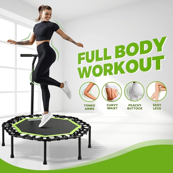 ONETWOFIT Foldable Rebounder Trampoline for Adults, 40/42/45” Mini Fitness Trampoline W/Adjustable Foam Handle Bungees, Quiet Exercise Trampoline for Personal Indoor Workout
