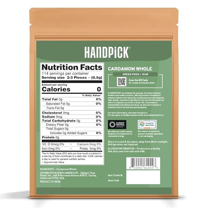 HANDPICK Green Cardamom Pods (57g / 2oz) Large size Green Elaichi | Pure, Non-GMO, Gluten Free | 100% Raw from India | Resealable Zip Lock Pouch