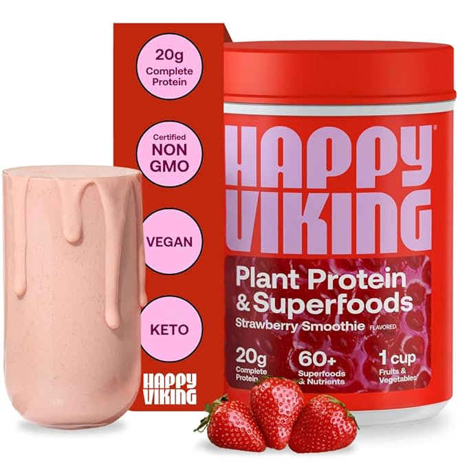 Happy Viking Strawberry Protein + Superfoods Powder, Created by Venus Williams, 20G Protein, Low Carb, Keto, Vegan, Gluten-Free, Non-GMO, Superfoods, Complete Meal Replacement, 1 Canister (24 oz.)