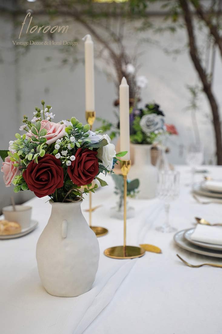 Floroom Artificial Flowers 50pcs Real Looking Burgundy Foam Fake Roses with Stems for DIY Wedding Bouquets Red Bridal Shower Centerpieces Floral Arrangements Party Tables Home Decorations