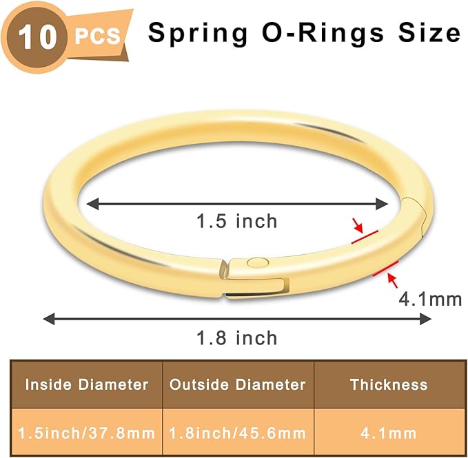 10Pack 1-1/2" Large Round Carabiner Clips, Metal Spring O Rings for Organizer Key Rings, Paracord Keychain Lanyard, Pet Chains, Purse Hardware, Key Snap Hooks DIY Accessory (Gold)