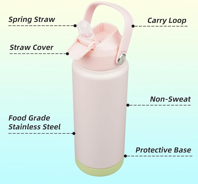 Insulated Water Bottle with Straw Lid,24 oz Stainless Steel Vacuum Metal Bottle with Silicone Handle,Pearl