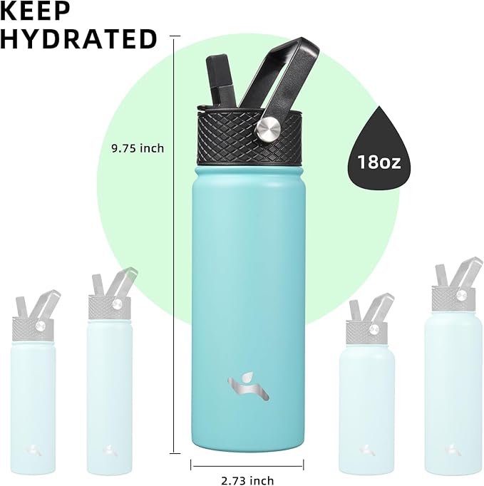 Insulated Water Bottle with Straw,18oz 3 Lids Metal Bottles Stainless Steel Water Flask,Turquoise