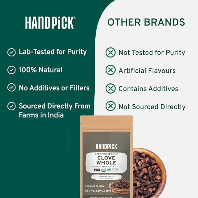 HANDPICK Organic Cloves Whole (2.3oz, 65g) Premium Cloves from South India | Packed in a Resealable Zip Lock Pouch | Perfect for Cooking, Smoothies, Pomander Balls & Tea