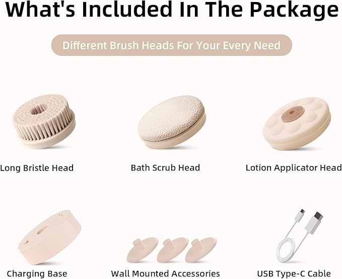 Electric Body Brush Back Scrubber for Shower, Waterproof Long Dual Handle Power Body Scrubber with 3 Heads, Rechargeable Bath Brush & 2 Speeds, for Cleansing, Exfoliating and Massaging Skin