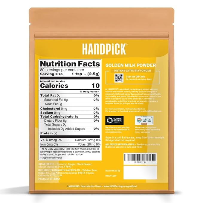HANDPICK Golden Milk Powder with Turmeric - (7oz, 80 servings) Instant Latte Mix | Blend of Ginger, Black Pepper and Curcumin