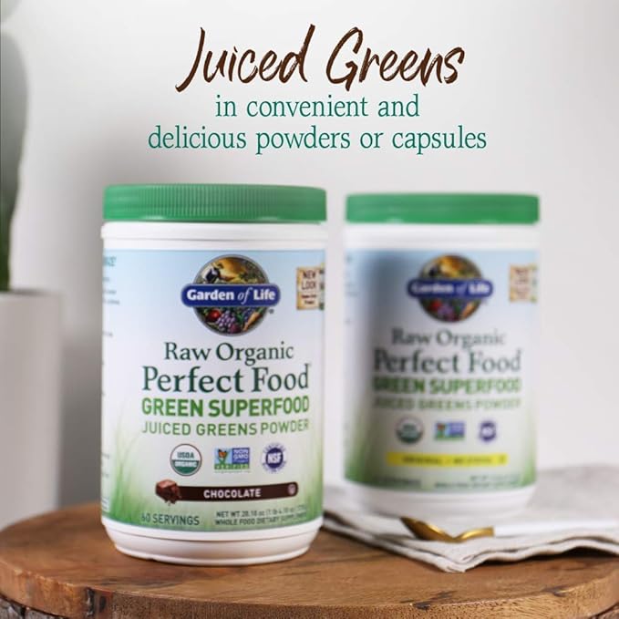 Garden of Life Raw Organic Perfect Food Green Superfood Juiced Greens Powder - Chocolate, 60 Servings, Non-GMO, Gluten Free, Vegan Whole Food Dietary Supplement Plus Probiotics, Enzymes