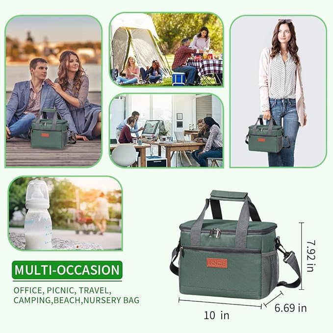iknoe Large Foldable Cooler Bag, 8.5L Insulated Lunch Bag, Leakproof Lunch Cooler Tote with Multi-Bag Design Suitable for Beach, Picnic and Office Use, Grayish Green 15-Can