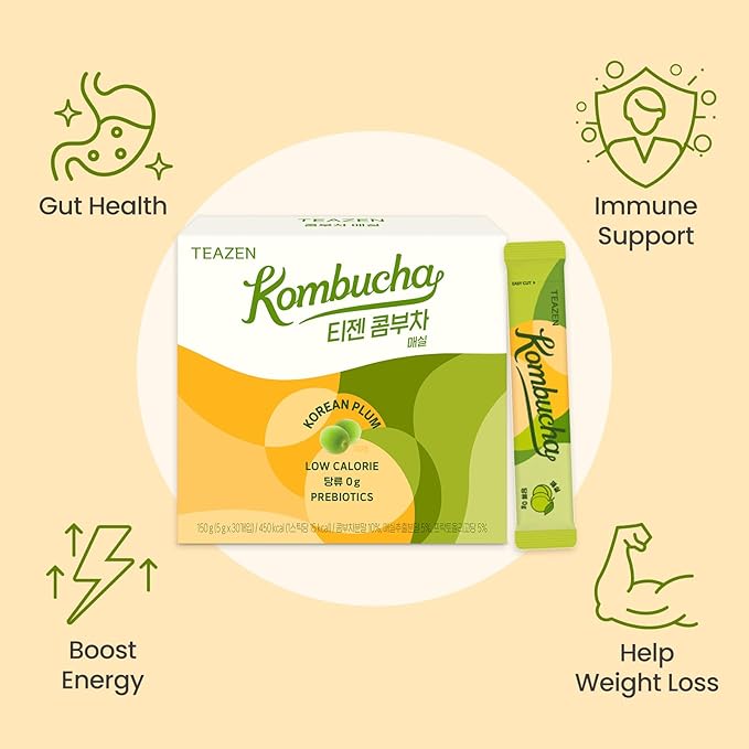 TEAZEN Japanese Apricot Kombucha Tea, Electrolyte & Hydration Drink Mix, Sugar Free, Live Probiotics & Prebiotics, 30 Sticks, 5.29oz