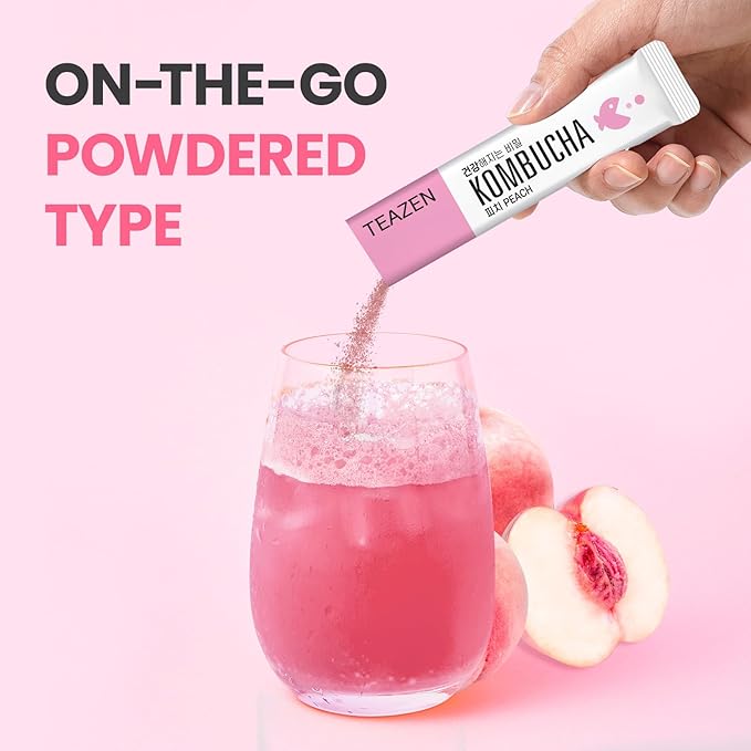 TEAZEN Peach Kombucha Tea, Hydration Drink Mix, Sugar Free, Live Probiotics & Prebiotics, 30 Sticks, 5.29oz