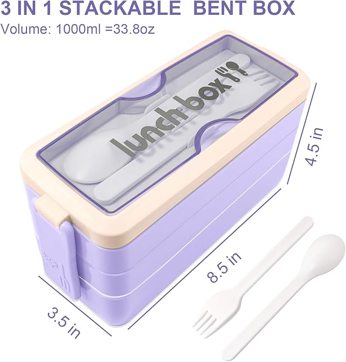 Iteryn Bento Box Lunch Box, 3 Layers Stackable Lunch Containers with Compartments - Leakproof Meal Prep Containers
