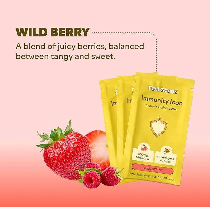 Feel Goods Immunity Icon, Zero Sugar, Vitamin C, A, B, D, E & Zinc, Organic Elderberry, Ashwagandha, Drink Mix Powder, Vegan, Non GMO, Caffeine & Gluten Free | Wild Berry, 15 Count