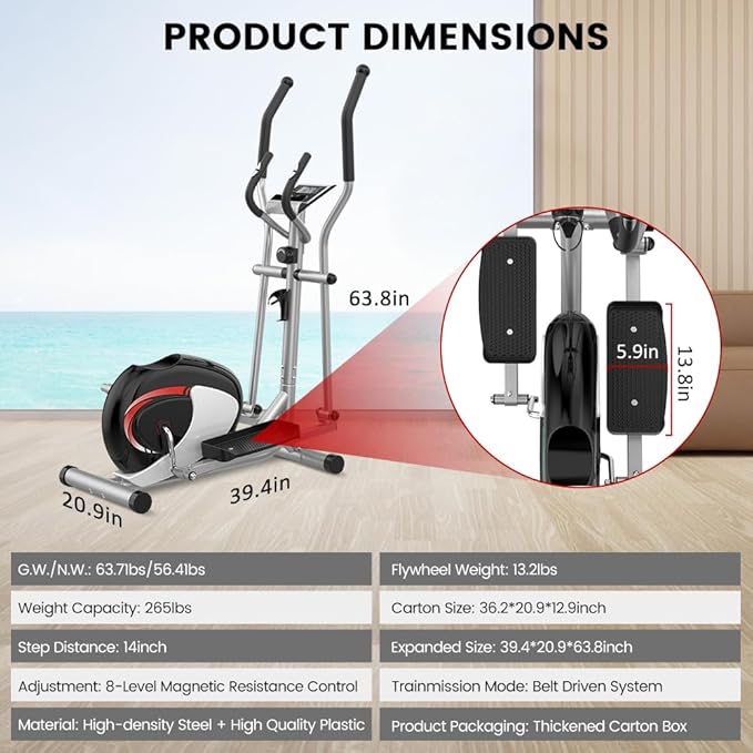 Dripex Elliptical Exercise Machine, Hyper-Quiet Elliptical Machine for Home, Magnetic Elliptical Training Machines with 8-Level Resistance, 6KG Flywheel, LCD Monitor, Pulse Sensor