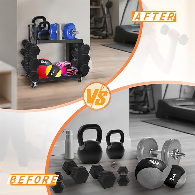 Dumbbell Rack Stand Only - Home Gym Equipment Storage Rack with Rubber Covers & Wheels - Compact Mobile Cart Design for Kettlebells, Yoga Mats & Fitness Gear