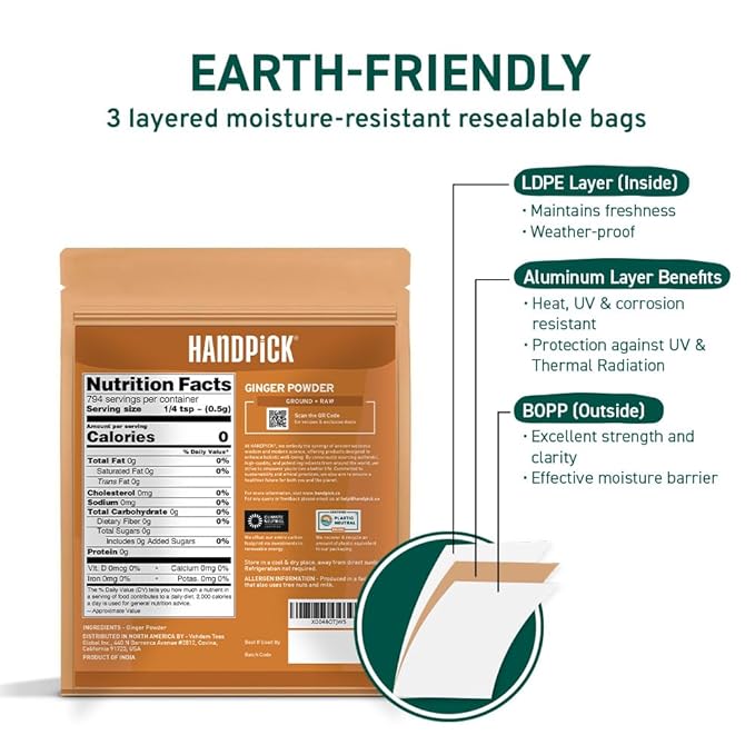 HANDPICK Ginger Powder (14oz/397g) No Additives, No Preservatives, No Fillers | Ginger Root Powder from India | Raw, Gluten Free, Non GMO | Perfect for Cooking, Baking | Resealable Zip Lock Pouch