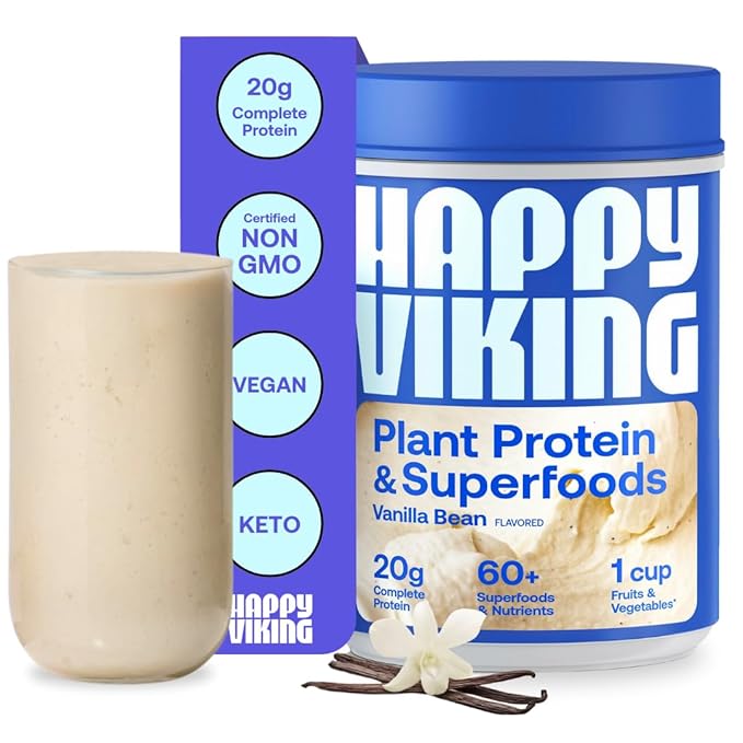 Happy Viking Vanilla Plant Protein Powder, Created by Venus Williams, 20G Protein, Low Carb, Keto, Vegan, Gluten-Free, Non-GMO, Superfoods, Complete Meal Replacement, 1 Canister (24 oz.)